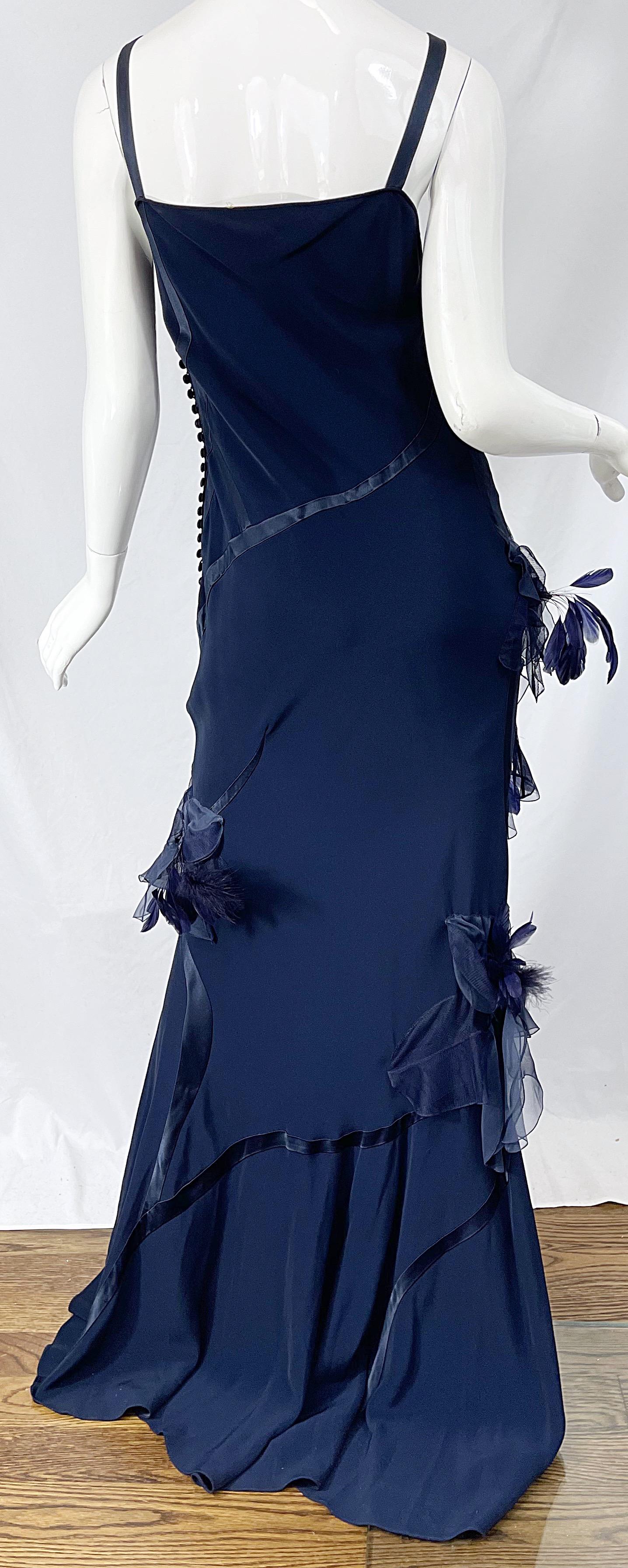 NWT John Galliano Size 10 Early 2000s Navy Blue Feather Silk / Satin Gown Dress 5