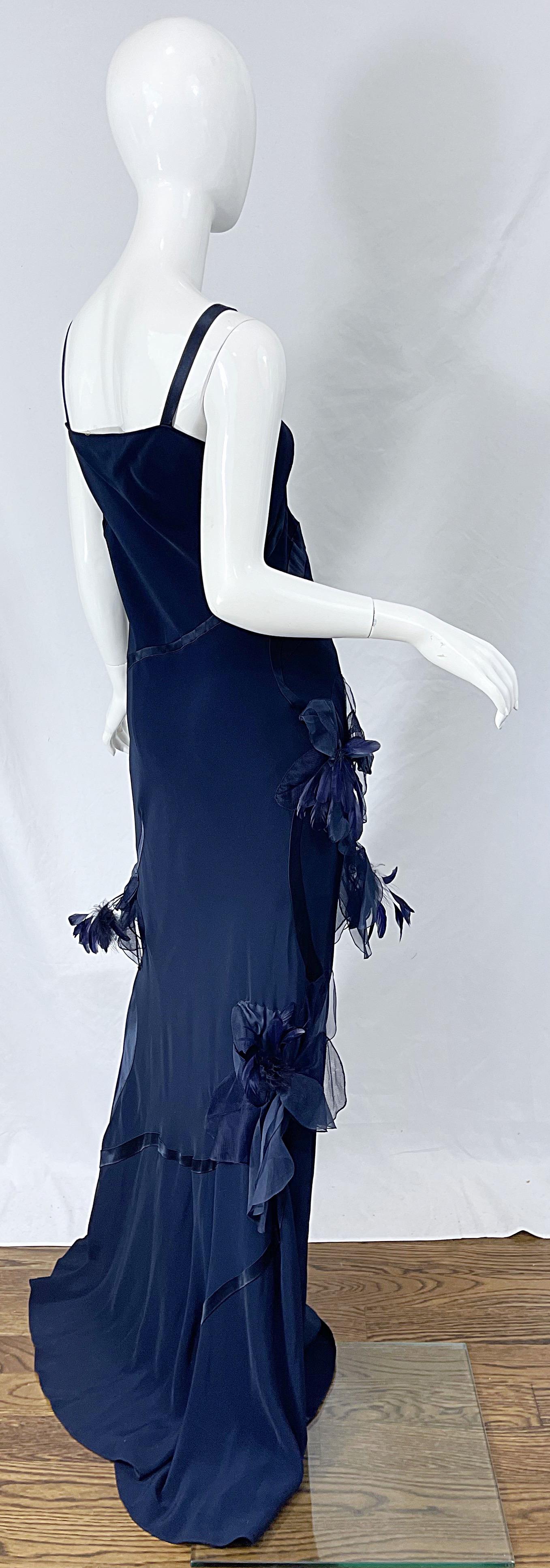 NWT John Galliano Size 10 Early 2000s Navy Blue Feather Silk / Satin Gown Dress 6