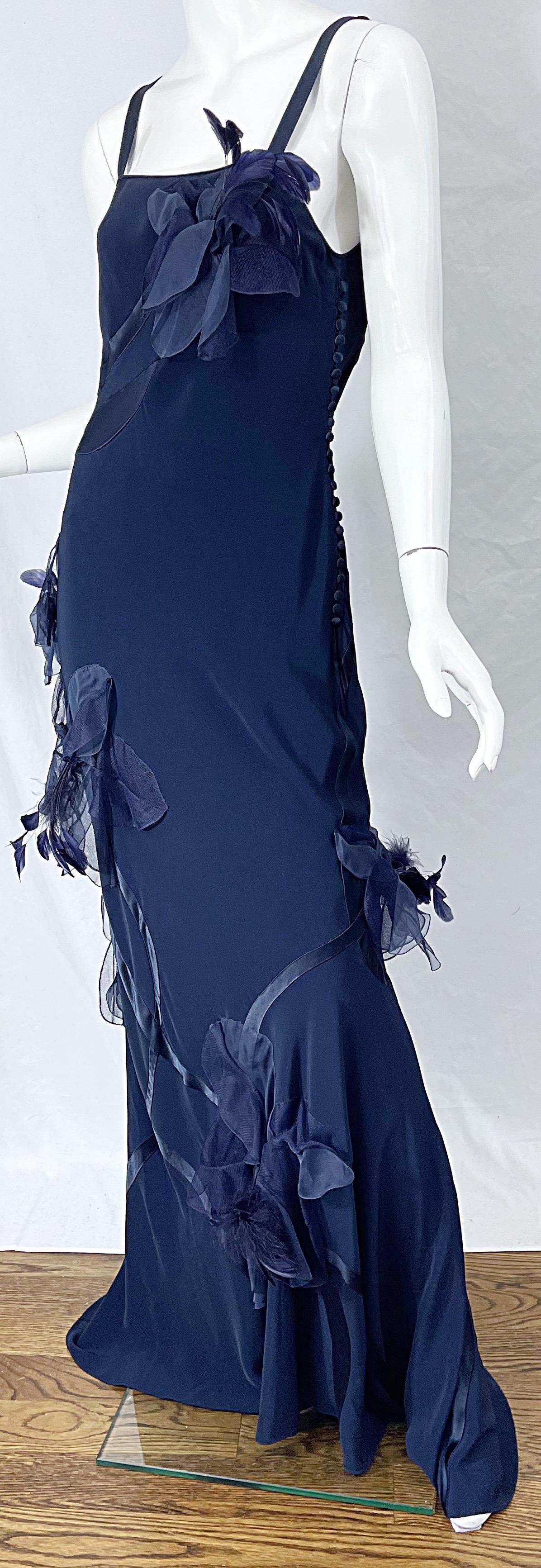 NWT John Galliano Size 10 Early 2000s Navy Blue Feather Silk / Satin Gown Dress 7