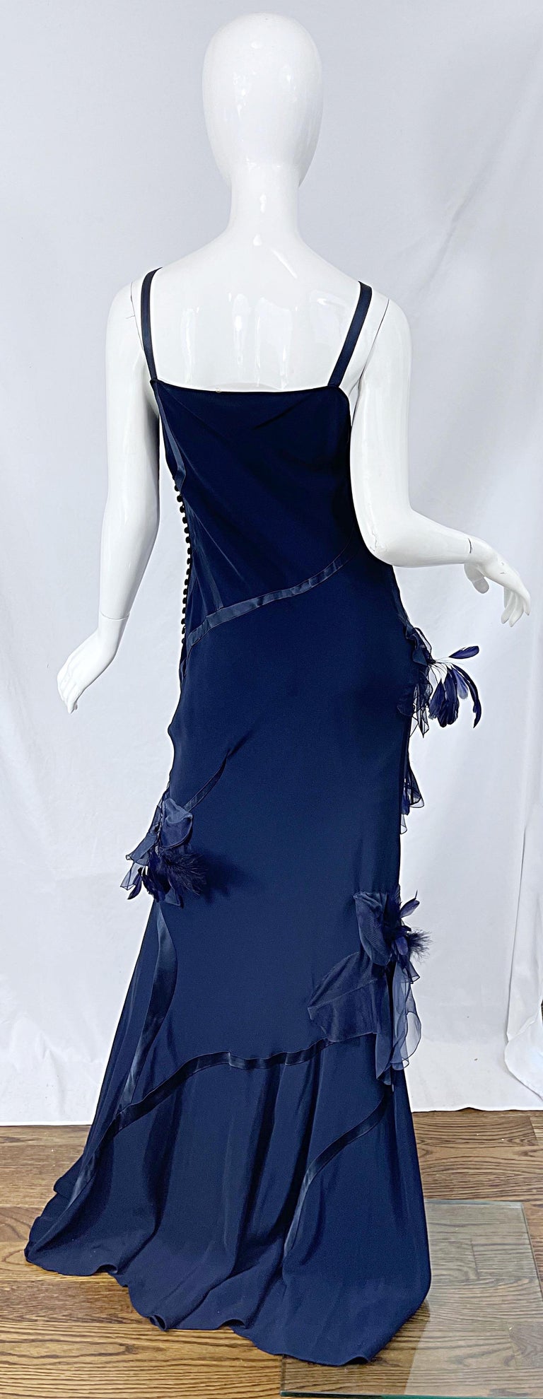 NWT John Galliano Size 10 Early 2000s Navy Blue Feather Silk / Satin Gown Dress For Sale 11