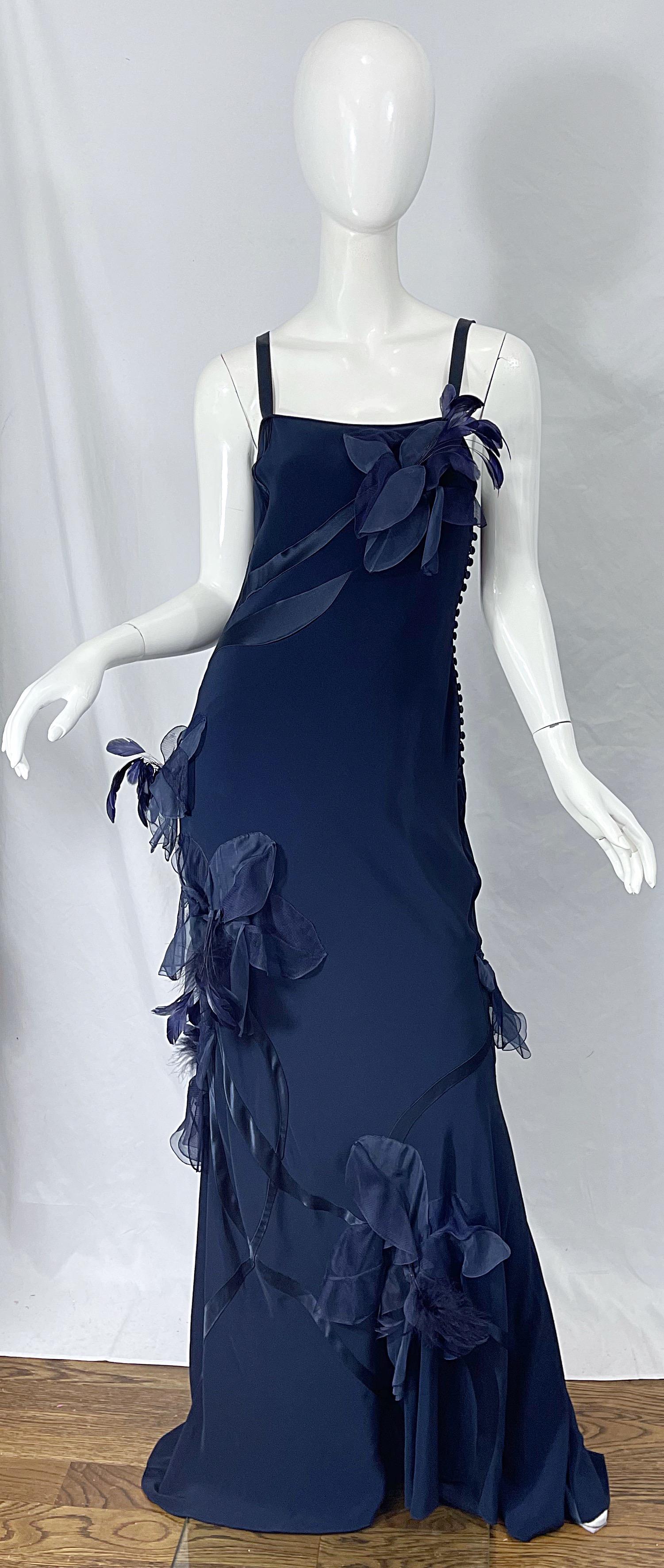 NWT John Galliano Size 10 Early 2000s Navy Blue Feather Silk / Satin Gown Dress 9