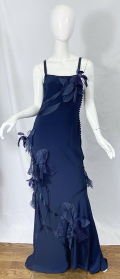 NWT John Galliano Size 10 Early 2000s Navy Blue Feather Silk / Satin Gown Dress