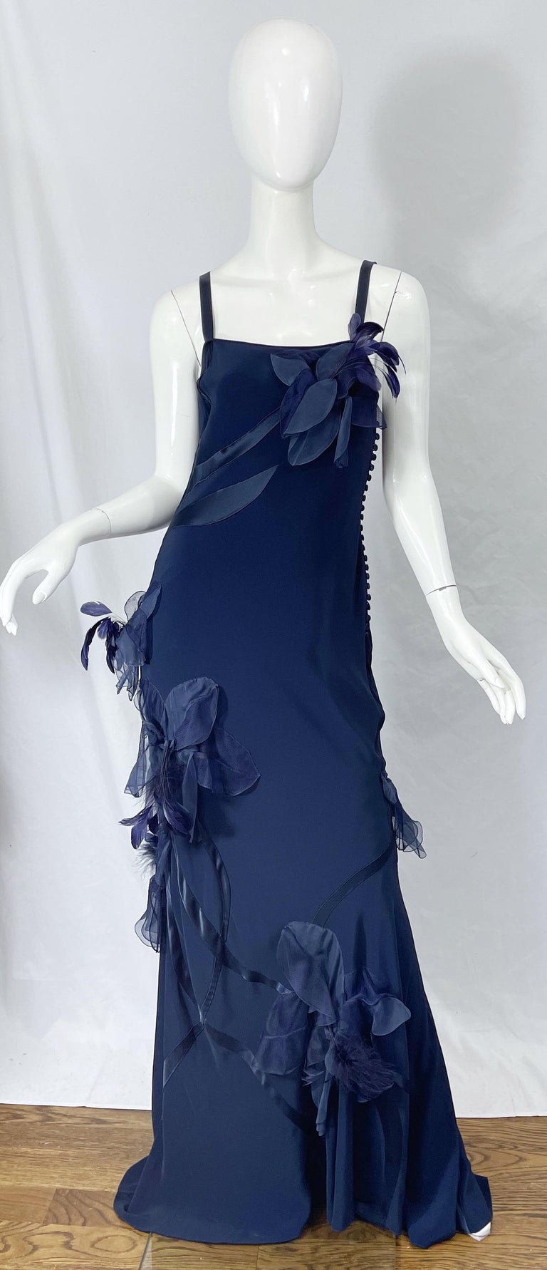 Beautiful never worn ( with original store tags still attached ) early 2000s JOHN GALLIANO navy blue silk crepe and satin feather encrusted sleeveless evening gown ! Elegant fabric buttons up the side. Satin panels throughout with netting and