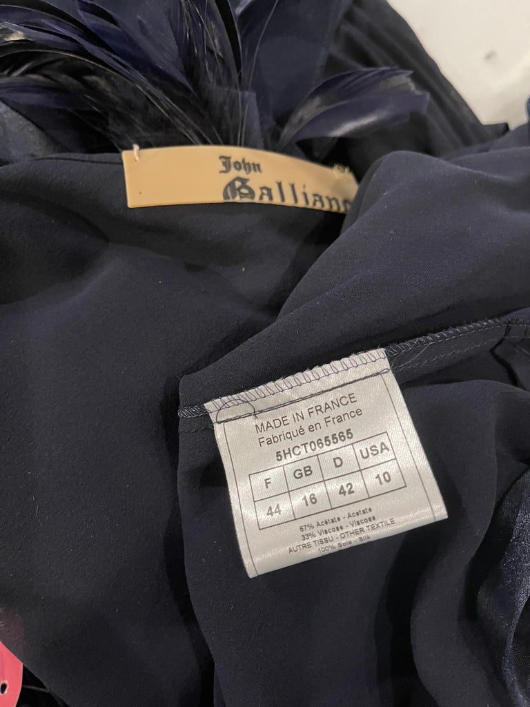 NWT John Galliano Size 10 Early 2000s Navy Blue Feather Silk / Satin Gown Dress In New Condition For Sale In San Diego, CA