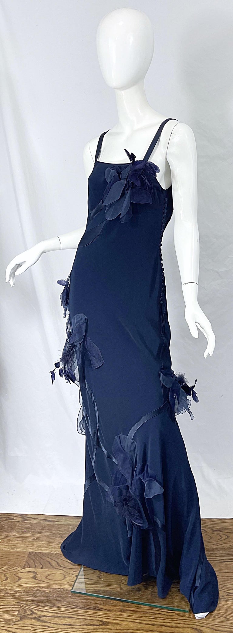 NWT John Galliano Size 10 Early 2000s Navy Blue Feather Silk / Satin Gown Dress For Sale 1