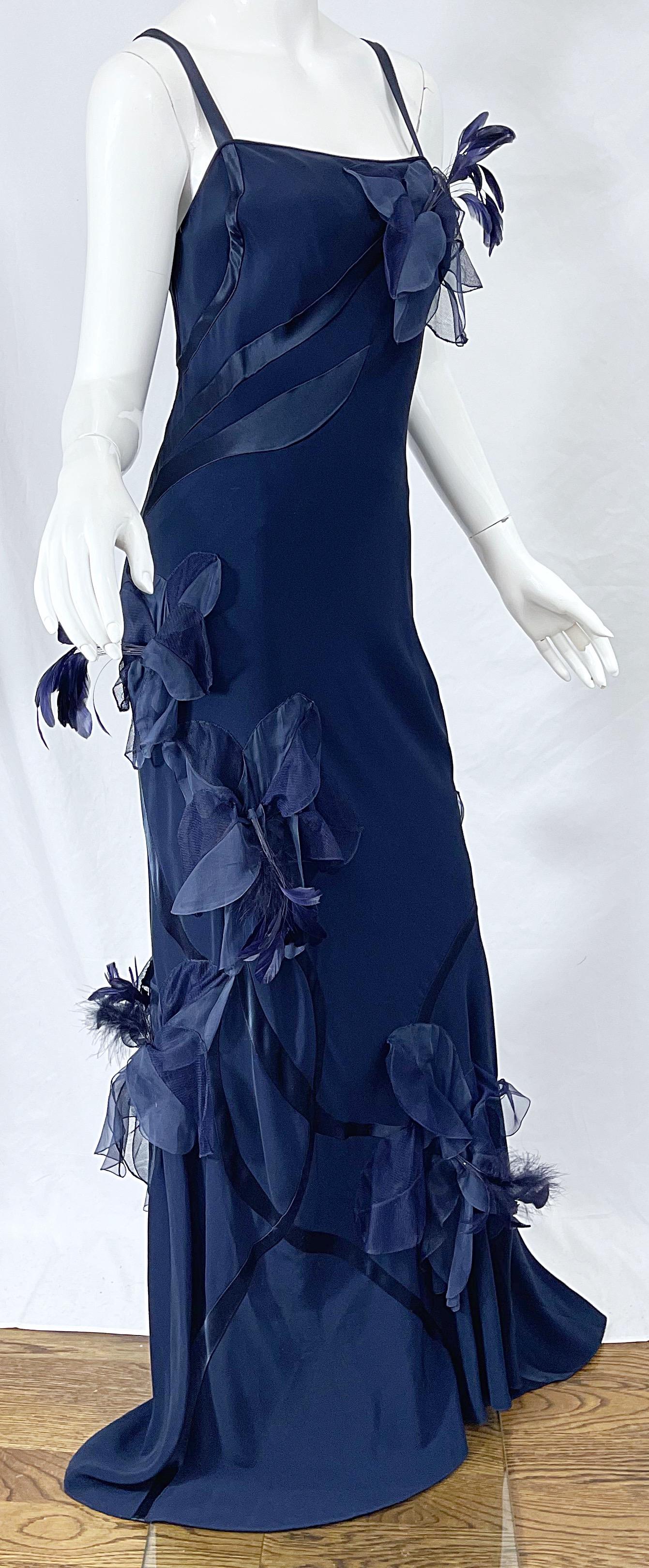 NWT John Galliano Size 10 Early 2000s Navy Blue Feather Silk / Satin Gown Dress 1