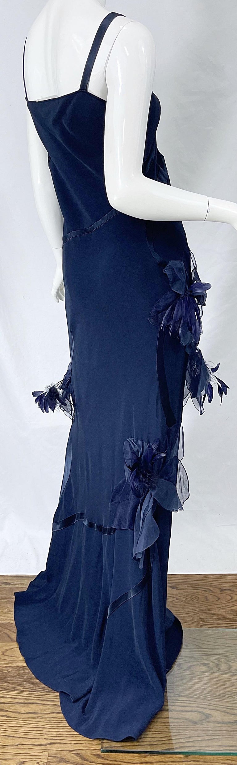 NWT John Galliano Size 10 Early 2000s Navy Blue Feather Silk / Satin Gown Dress For Sale 5