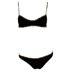 NWT Late 1990s Dolce & Gabbana Black Leopard Print Trim Bikini Swim Set