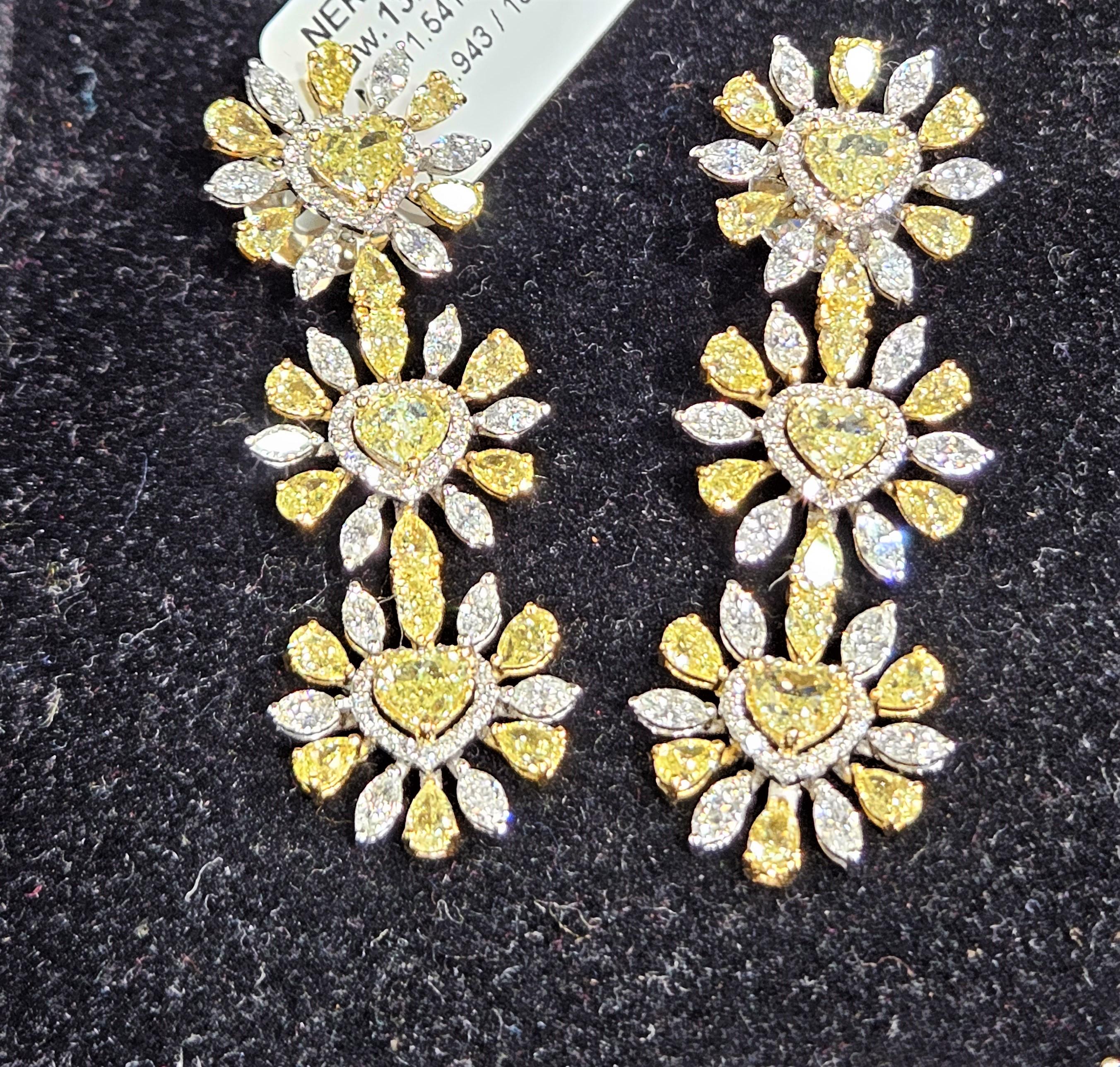 Heart Cut NWT Magnificent Fancy 9 Carat Yellow Diamond Heart Diamond Dangle Gold Earrings For Sale