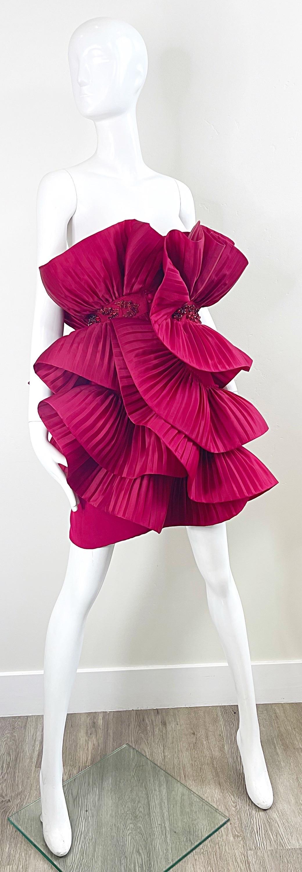 NWT Marchesa Size 10 Red Beaded Rhinestone Avant Garde Pleated Strapless Dress For Sale 6