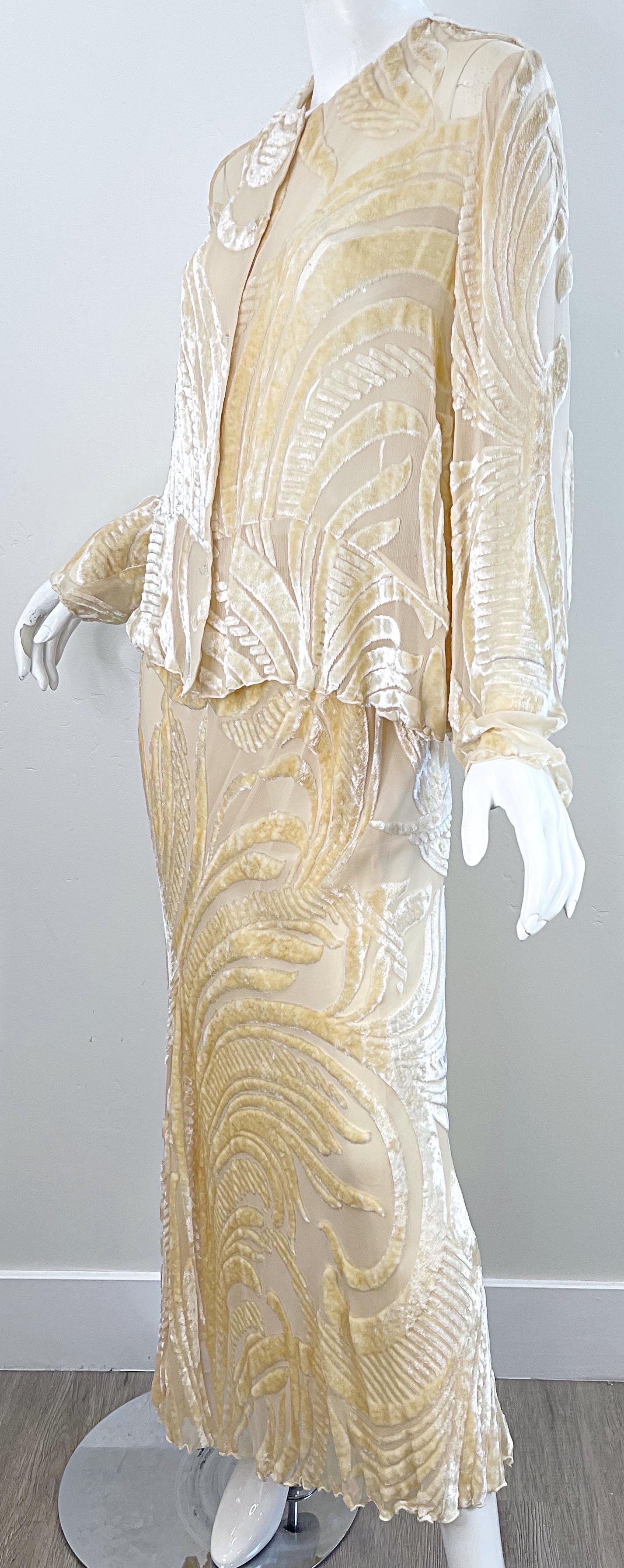 NWT Marian Clayden $3k Fall 2000 Ivory Silk Velvet Devore Vintage Top + Skirt  For Sale 7
