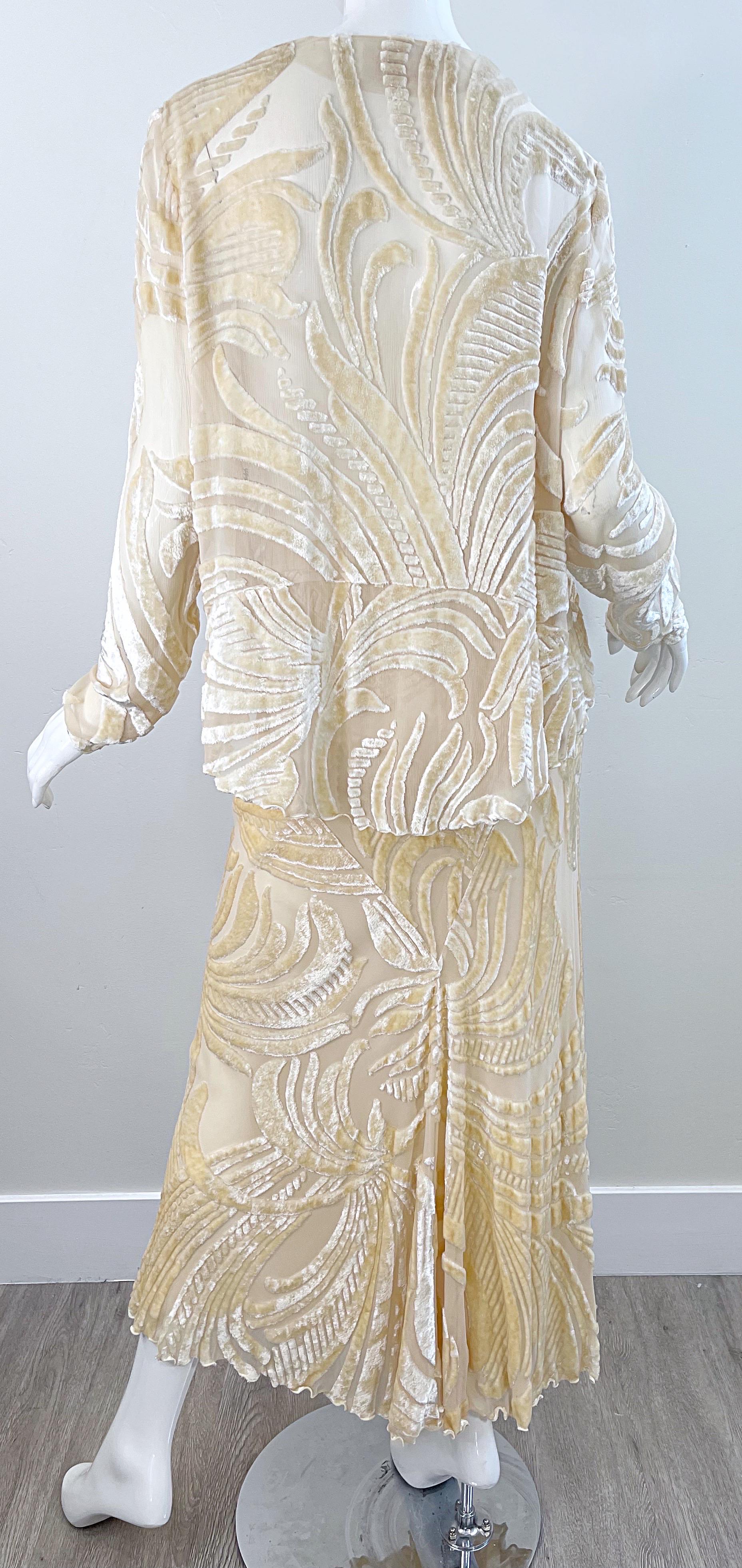 NWT Marian Clayden $3k Fall 2000 Ivory Silk Velvet Devore Vintage Top + Skirt  For Sale 8