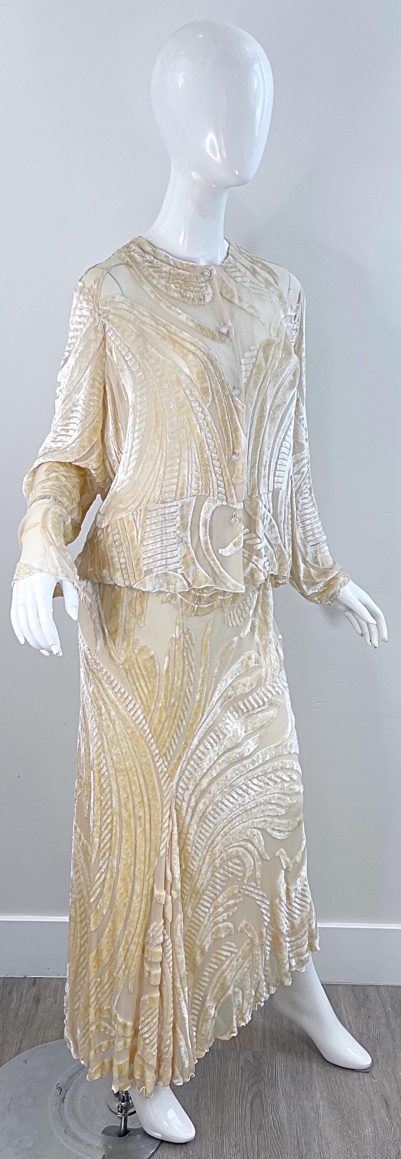 NWT Marian Clayden $3k Fall 2000 Ivory Silk Velvet Devore Vintage Top + Skirt  For Sale 9
