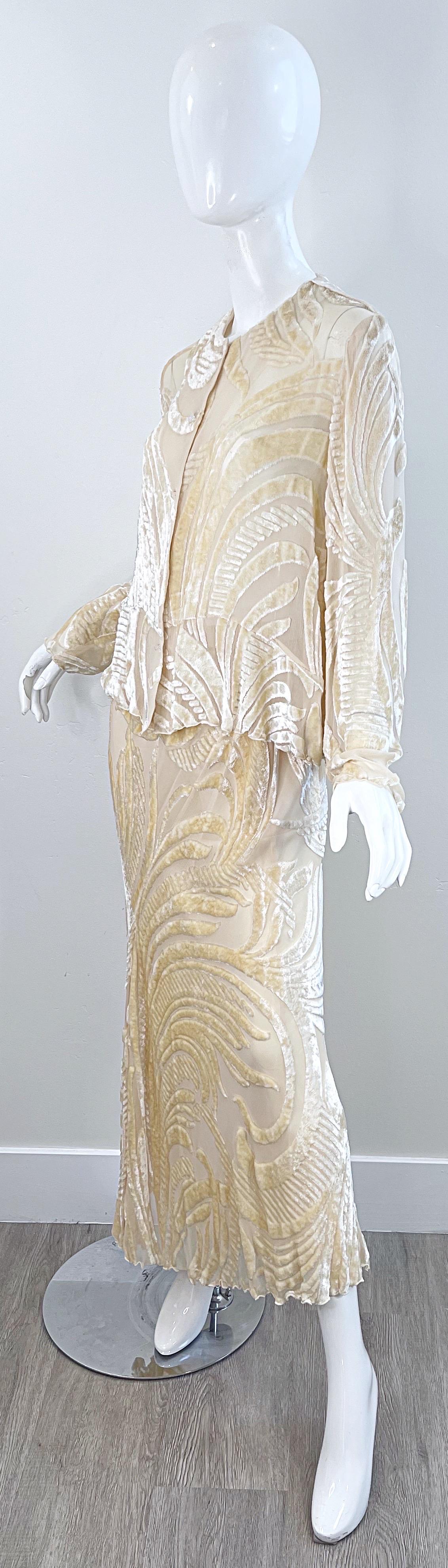 NWT Marian Clayden $3k Fall 2000 Ivory Silk Velvet Devore Vintage Top + Skirt  For Sale 10