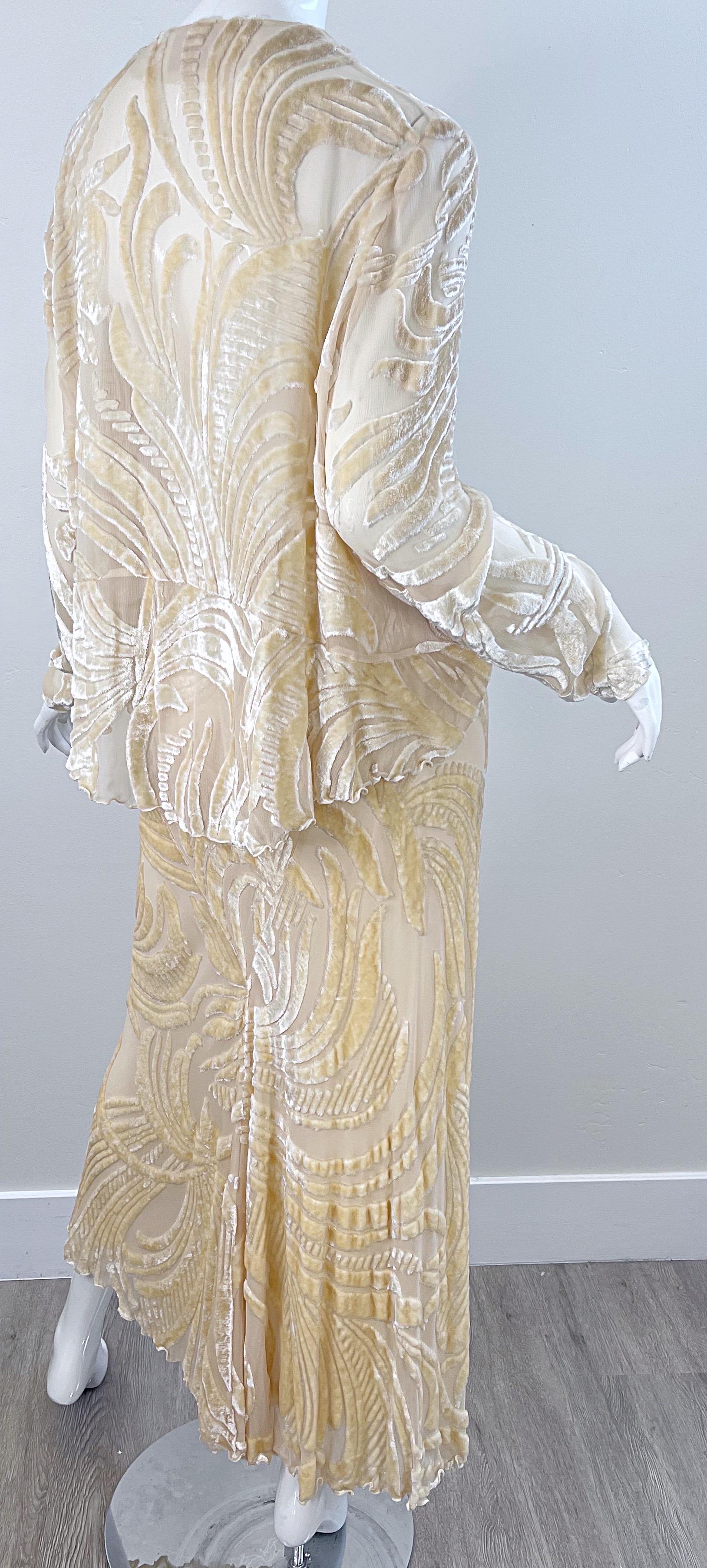 NWT Marian Clayden $3k Fall 2000 Ivory Silk Velvet Devore Vintage Top + Skirt  For Sale 11