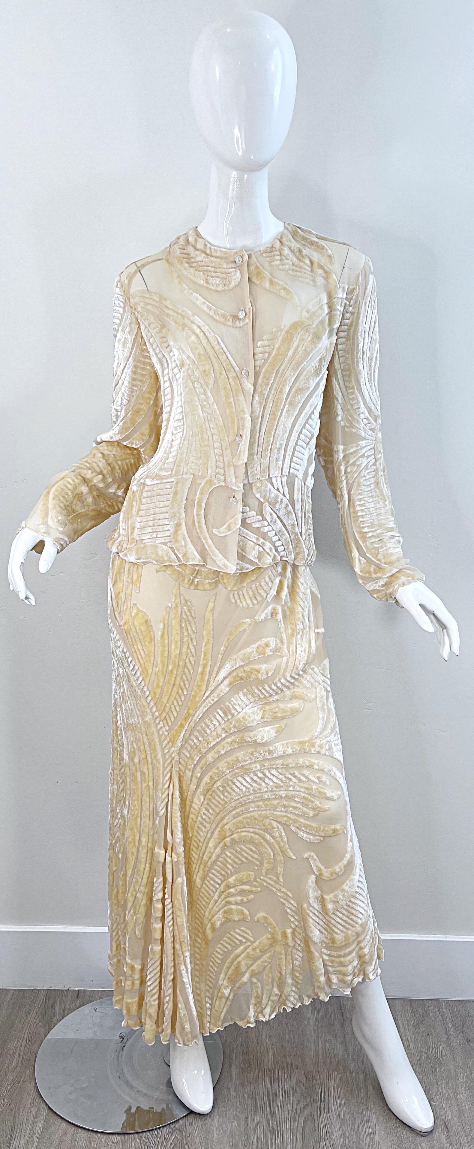 NWT Marian Clayden $3k Fall 2000 Ivory Silk Velvet Devore Vintage Top + Skirt  For Sale 12