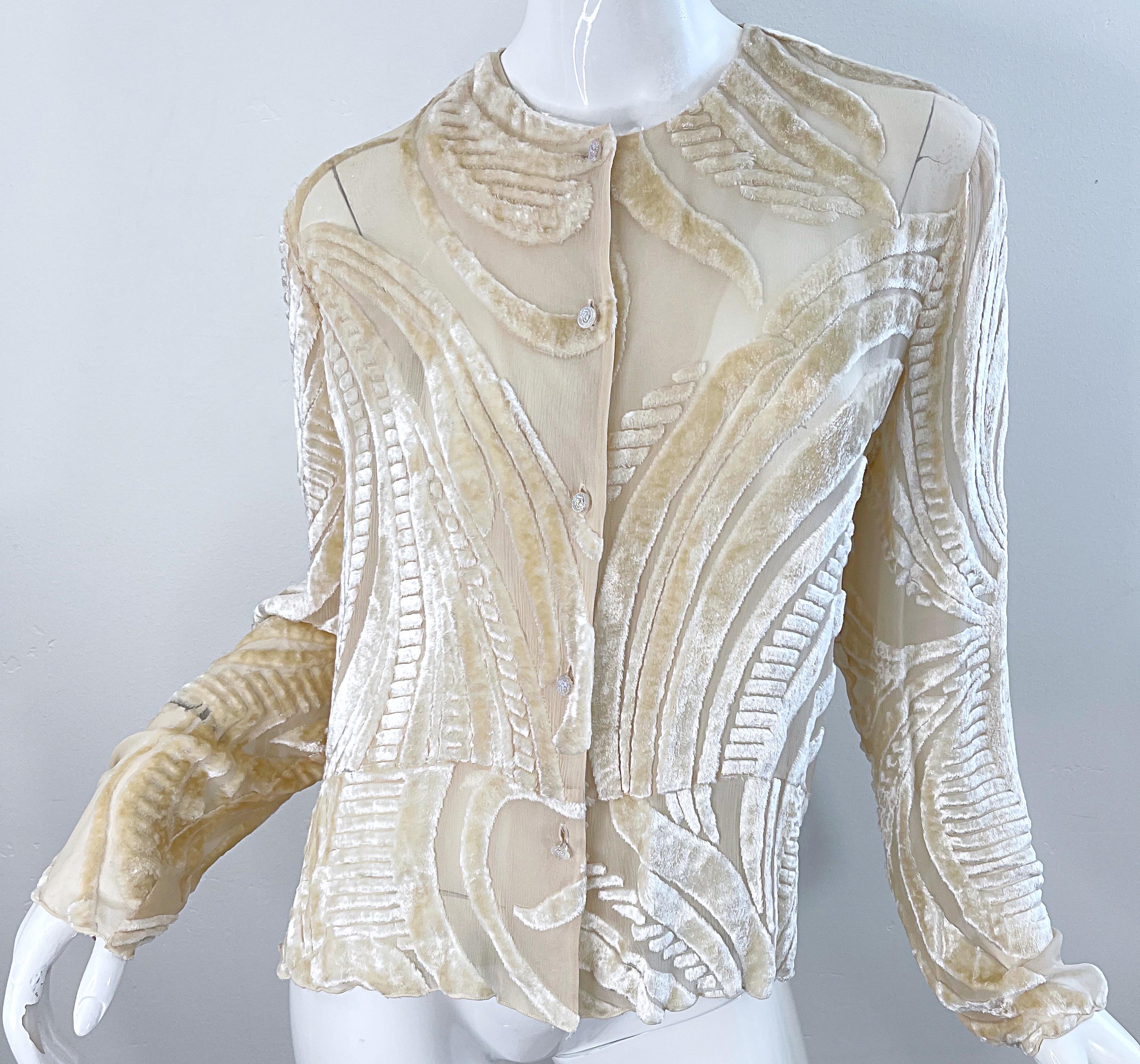 NWT Marian Clayden $3k Fall 2000 Ivory Silk Velvet Devore Vintage Top + Skirt  For Sale 1