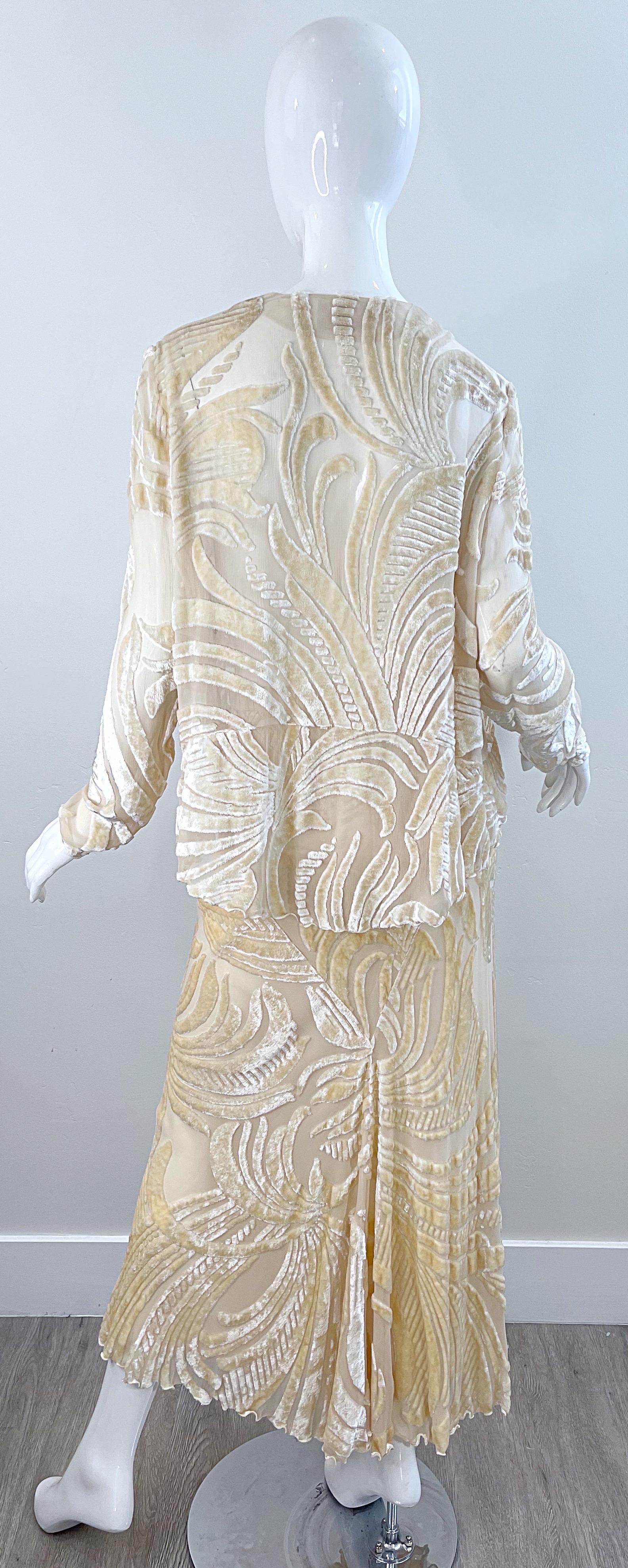 NWT Marian Clayden $3k Fall 2000 Ivory Silk Velvet Devore Vintage Top + Skirt  For Sale 3