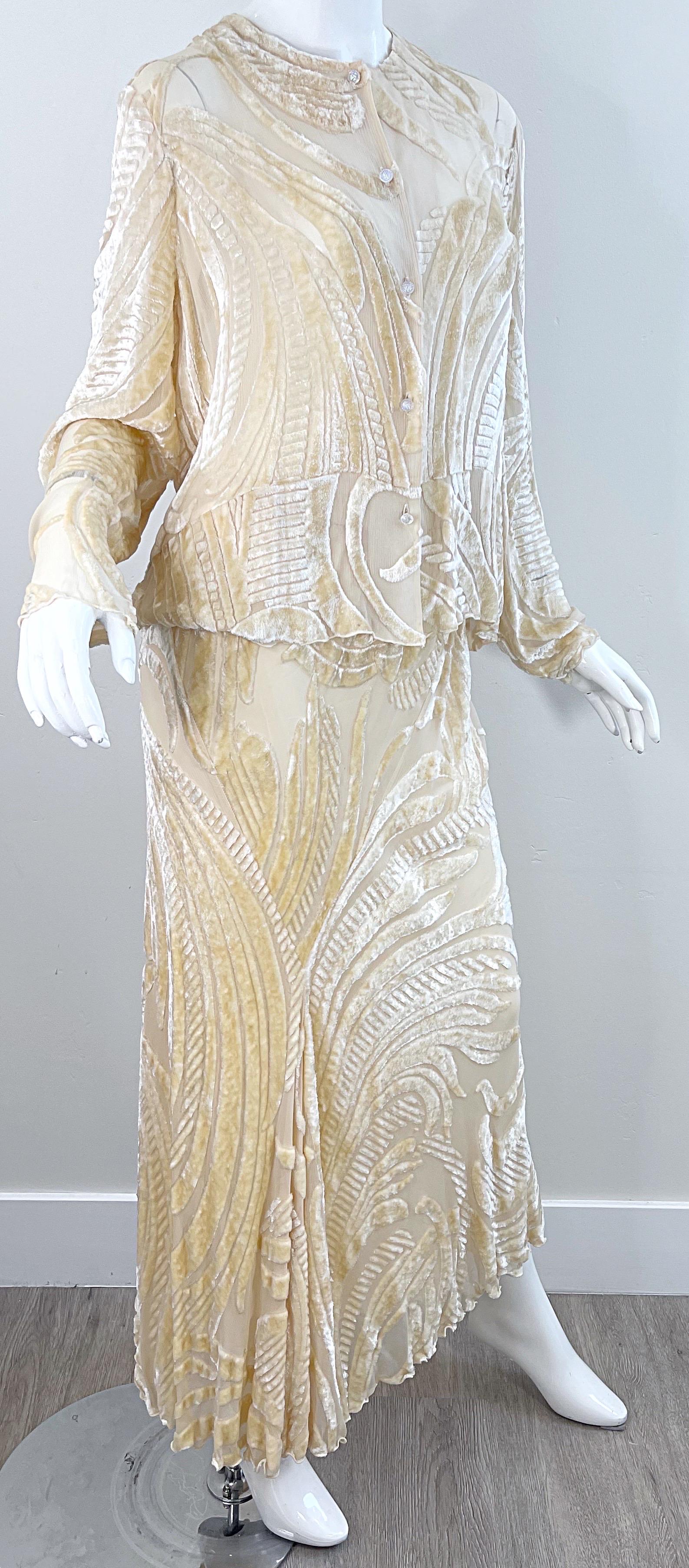 NWT Marian Clayden $3k Fall 2000 Ivory Silk Velvet Devore Vintage Top + Skirt  For Sale 4