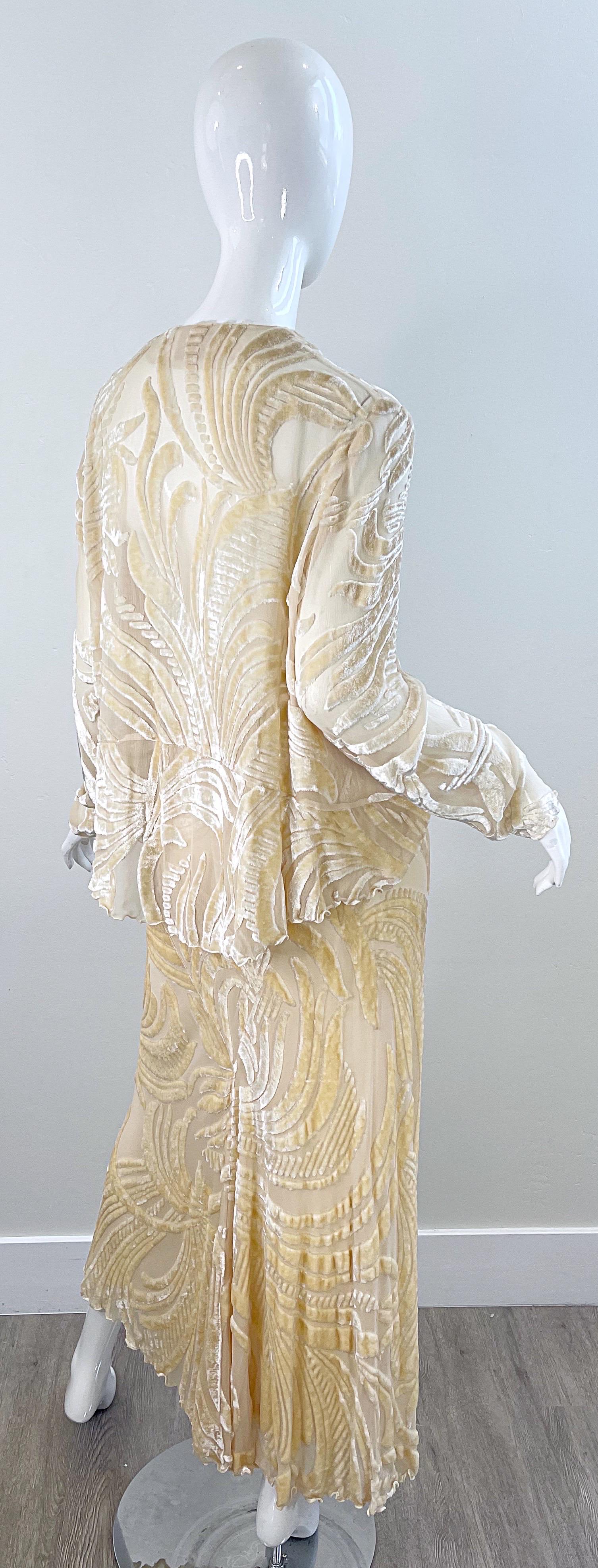 NWT Marian Clayden $3k Fall 2000 Ivory Silk Velvet Devore Vintage Top + Skirt  For Sale 5