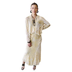 NWT Marian Clayden $3k Fall 2000 Ivory Silk Velvet Devore Vintage Top + Skirt