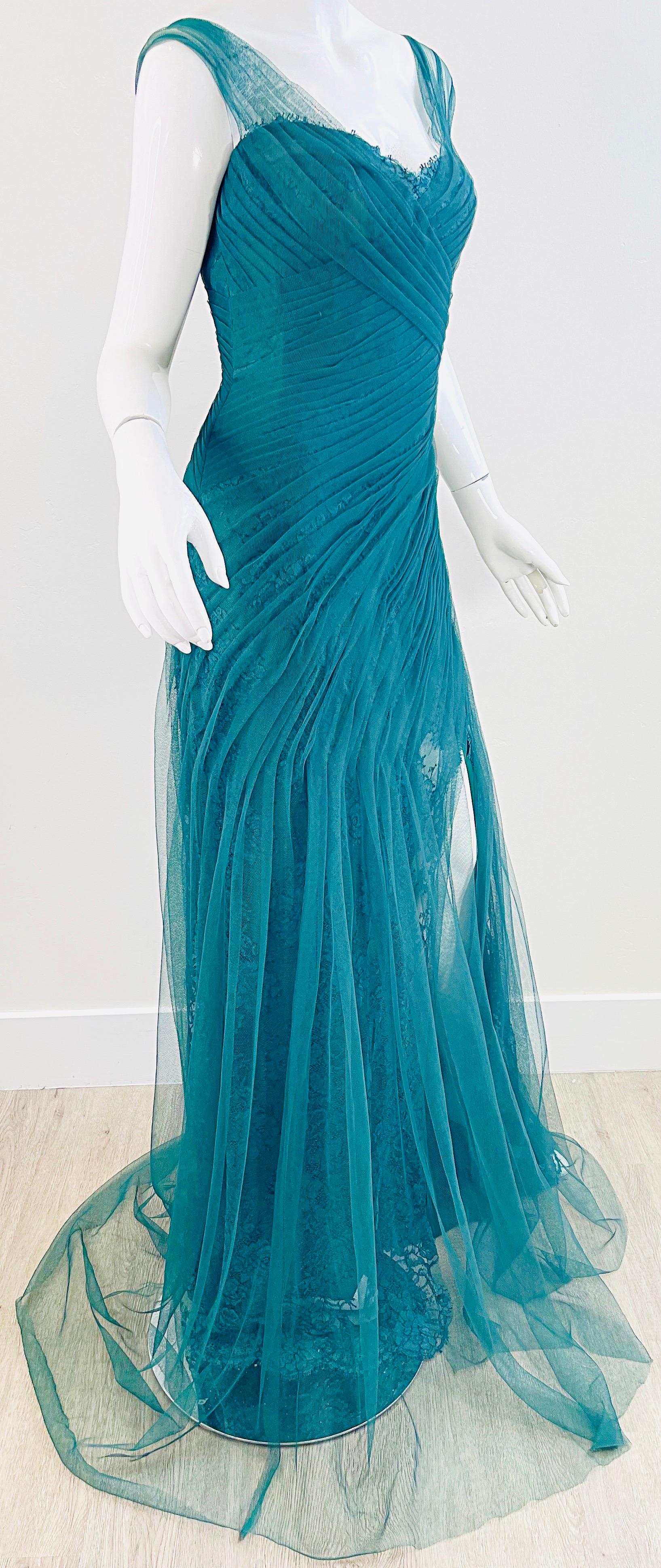 NWT Monique Lhuillier Runway Spring 2013 Size 4 Emerald Green Lace Gown Dress For Sale 6