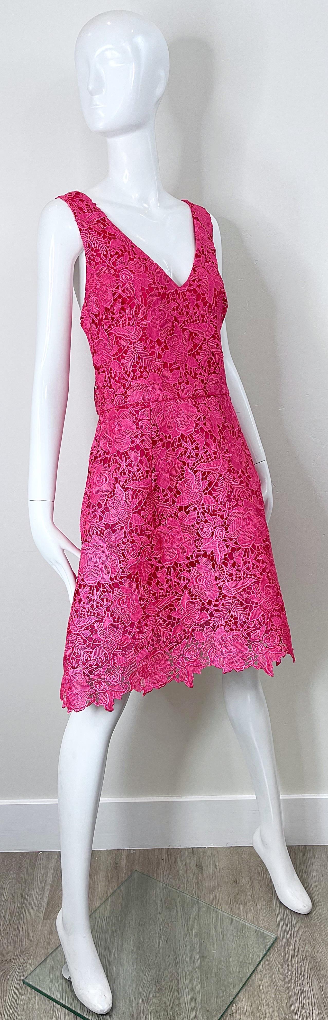 NWT Monique Lhuillier Size 8 / 10 Hot Pink Lace Fit n Flare A Line Dress For Sale 3