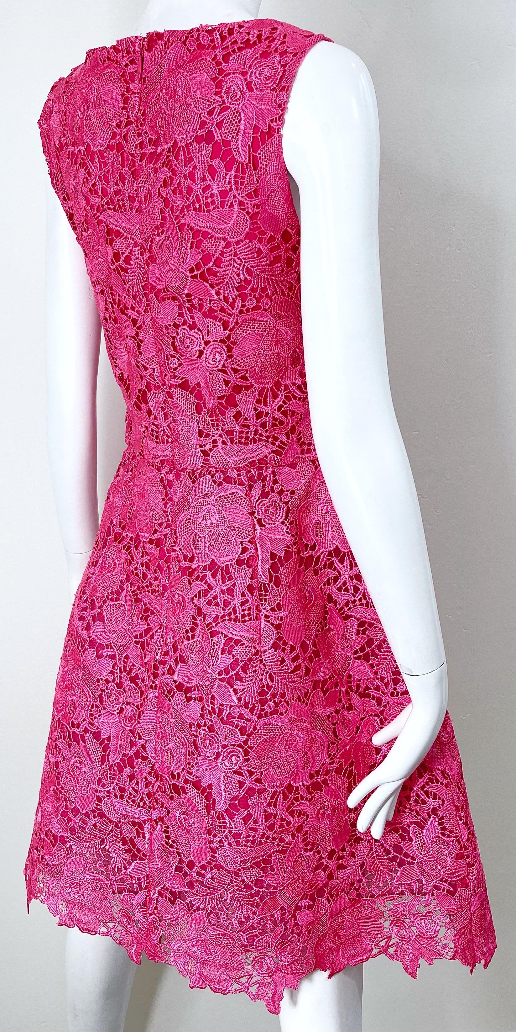 NWT Monique Lhuillier Size 8 / 10 Hot Pink Lace Fit n Flare A Line Dress For Sale 4