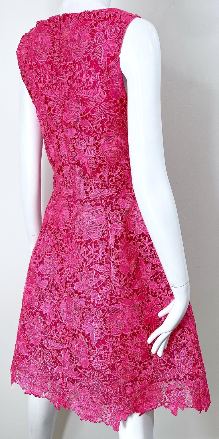 NWT Monique Lhuillier Size 8 / 10 Hot Pink Lace Fit n Flare A Line