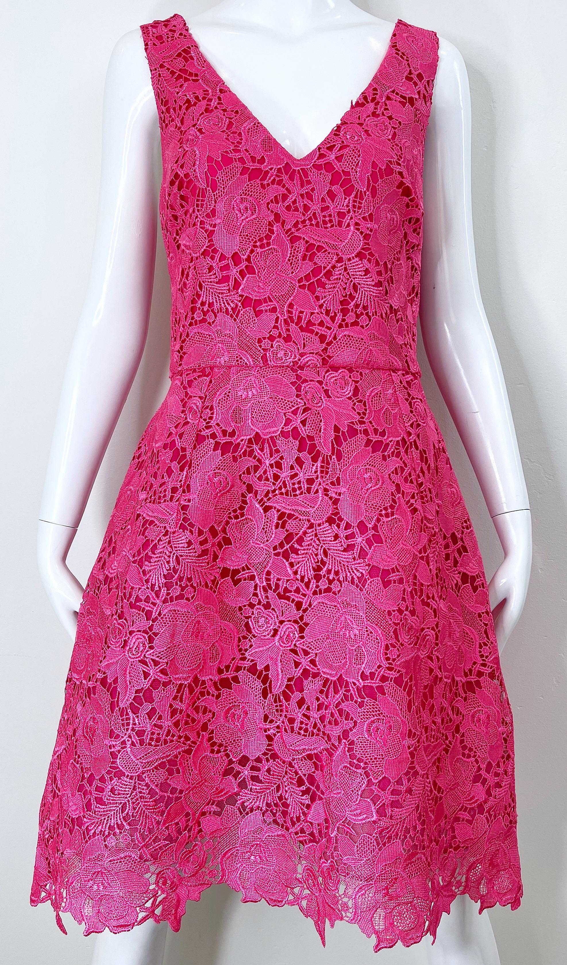 NWT Monique Lhuillier Size 8 / 10 Hot Pink Lace Fit n Flare A Line Dress For Sale 5