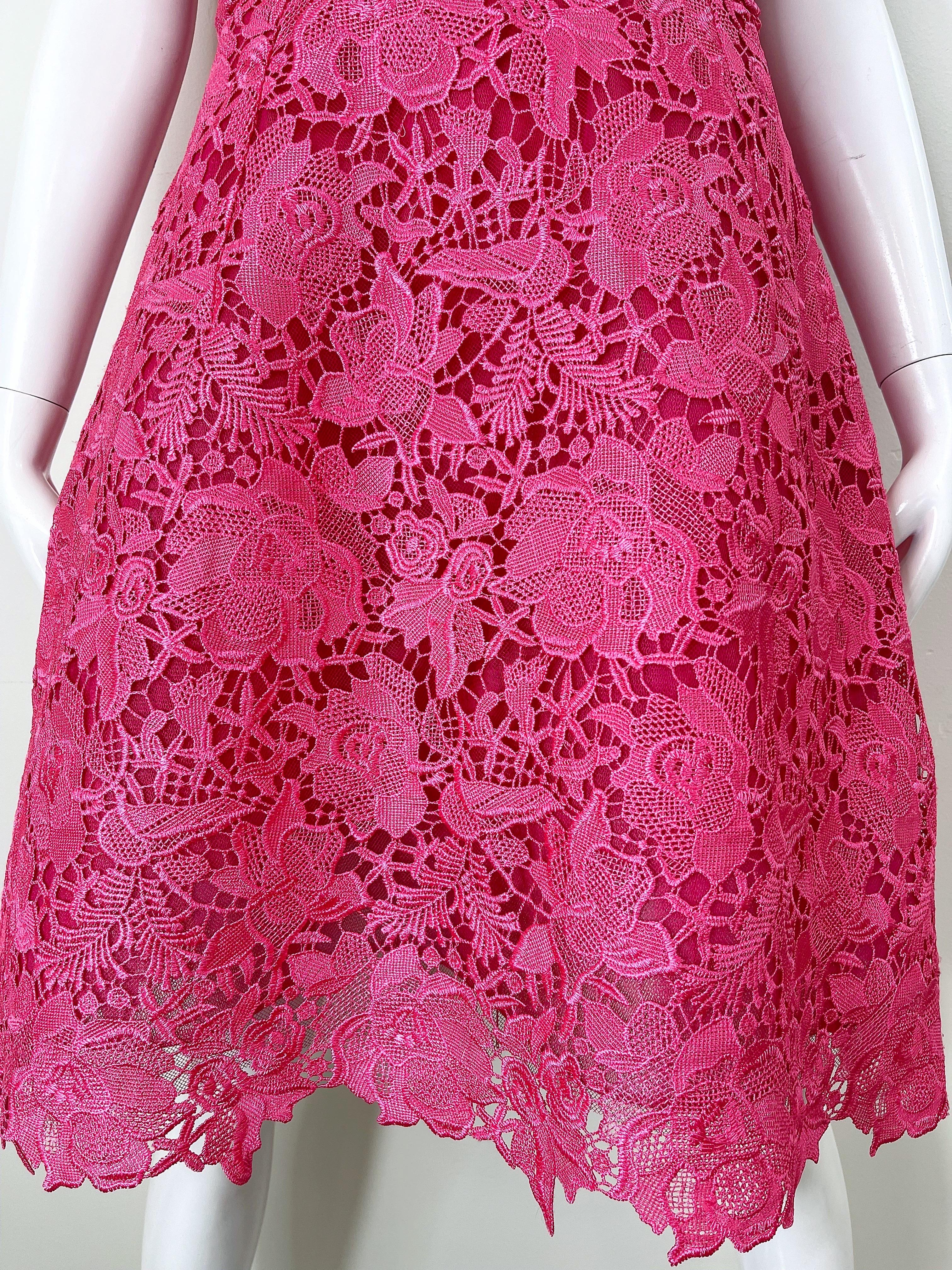 NWT Monique Lhuillier Size 8 / 10 Hot Pink Lace Fit n Flare A Line Dress For Sale 6