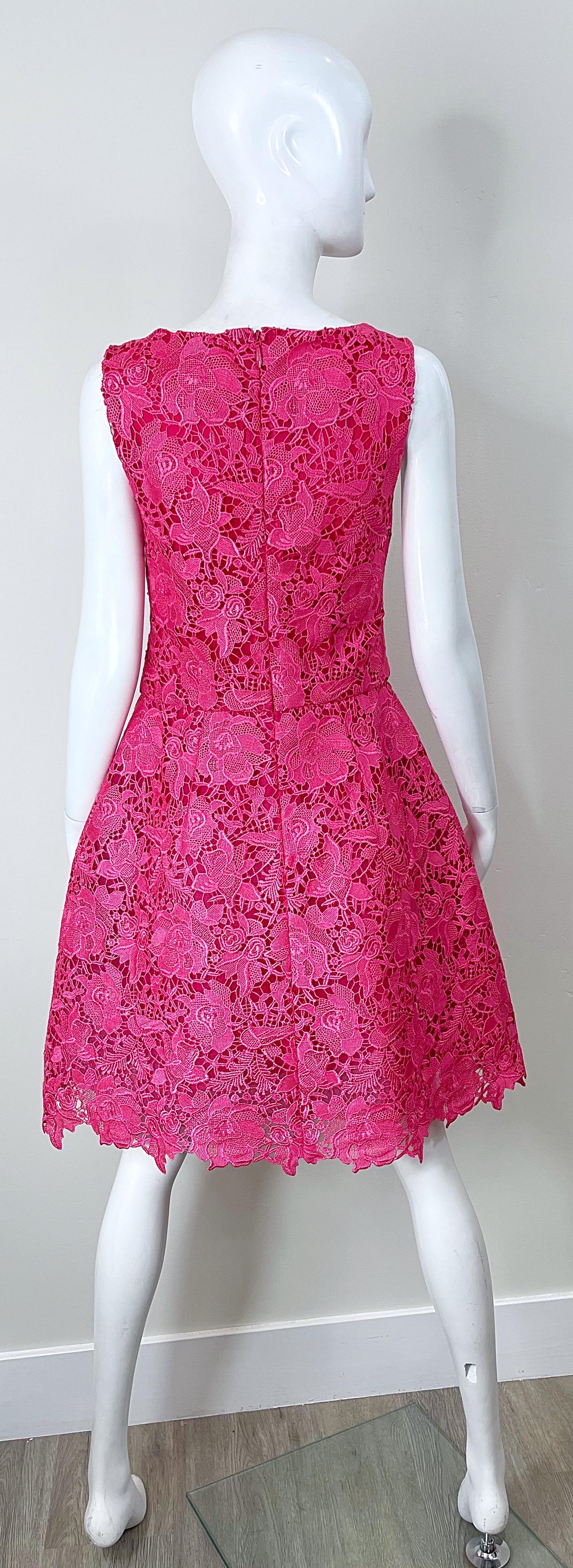 NWT Monique Lhuillier Size 8 / 10 Hot Pink Lace Fit n Flare A Line Dress For Sale 7