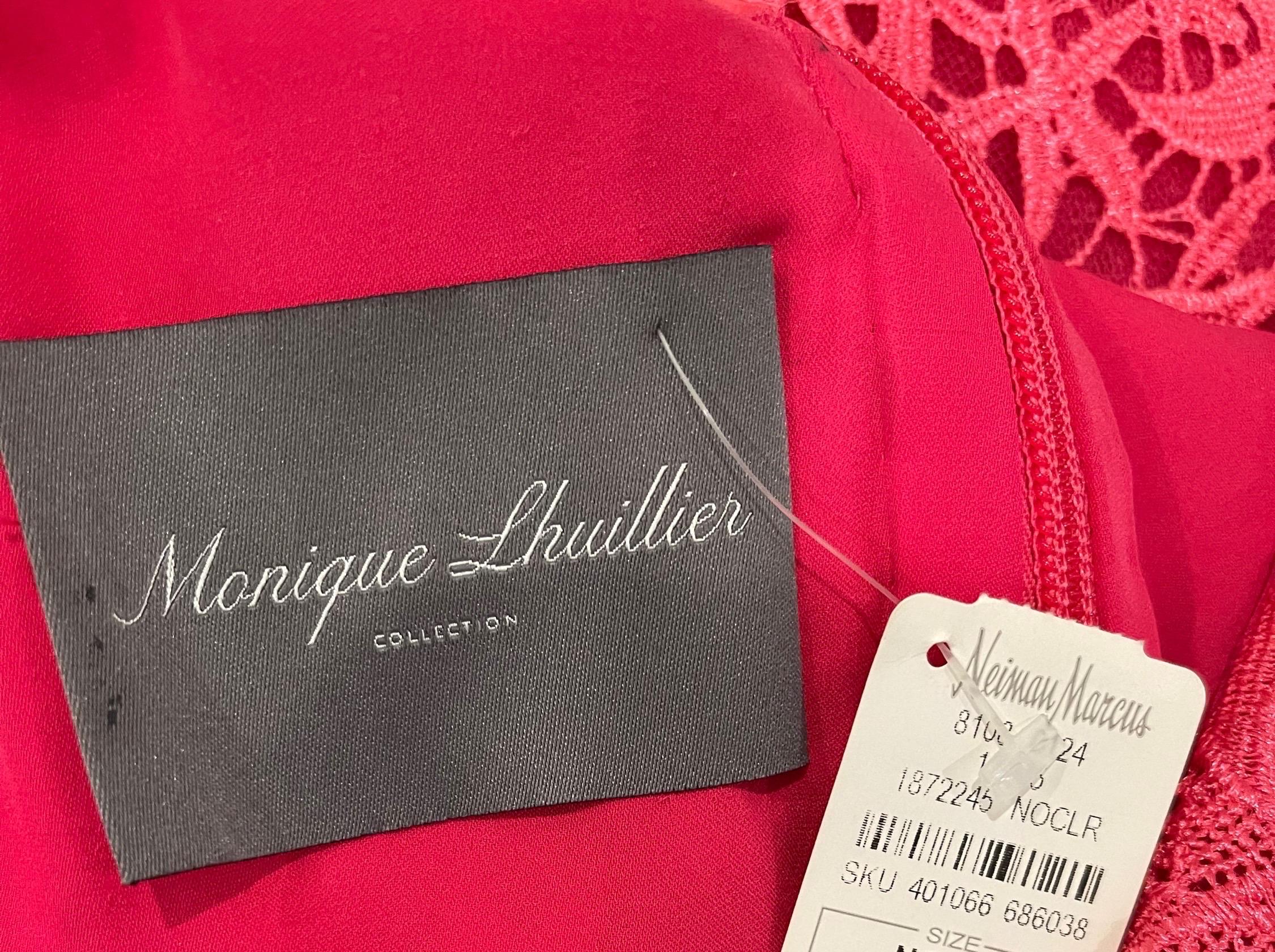 Gorgeous new with tags MONIQUE LHUILLIER hot pink lace fit n/ flare sleeveless dress! Features a tailored bodice with a full forgiving skirt. Hidden zipper up the back with hook-and-eye closure. Fully lined. Perfect for any day or evening event.