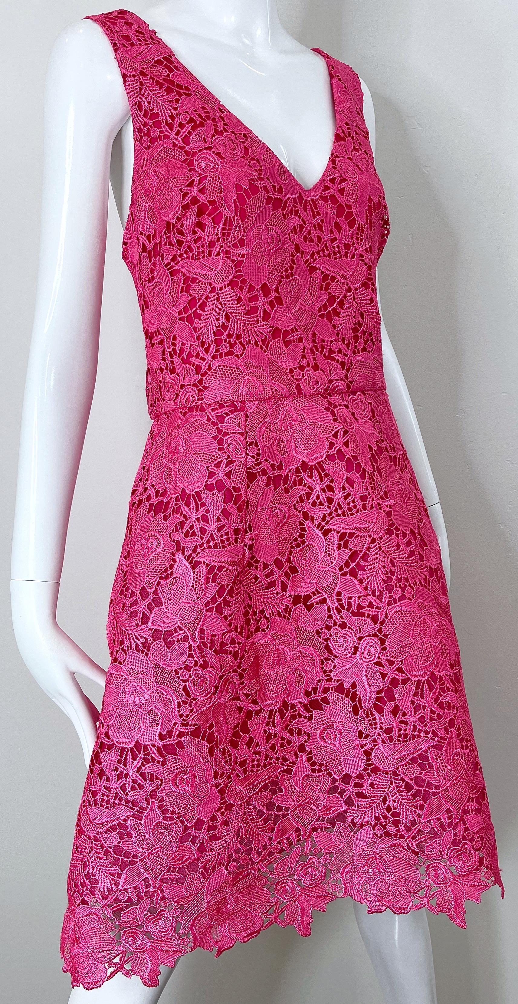 NWT Monique Lhuillier Size 8 / 10 Hot Pink Lace Fit n Flare A Line Dress For Sale 1