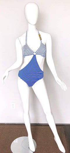Neu NWT Moschino Größe Large / XL Blau gestreifter nautischer Monkini-Einteiler-Badeanzug