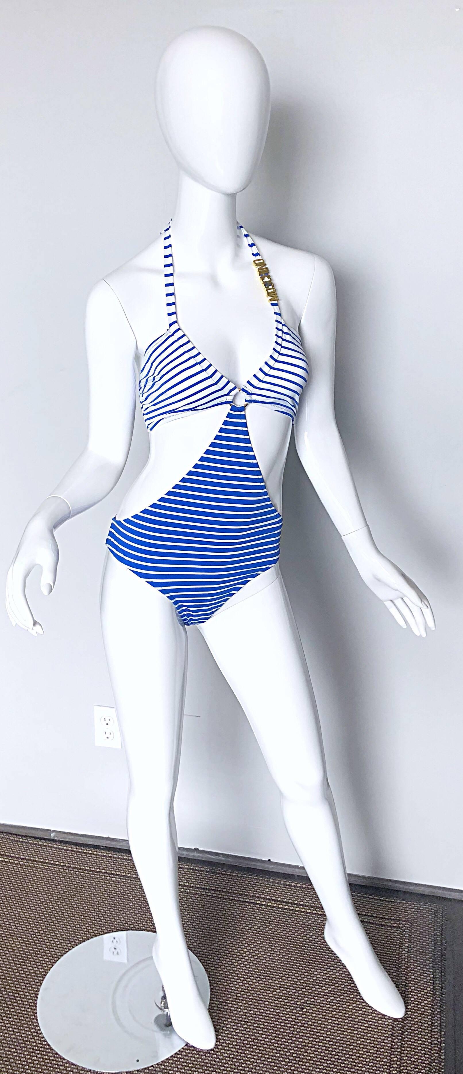 Women's NWT Moschino Size Large / XL Blue Striped Nautical Monkini One Piece Swimsuit For Sale