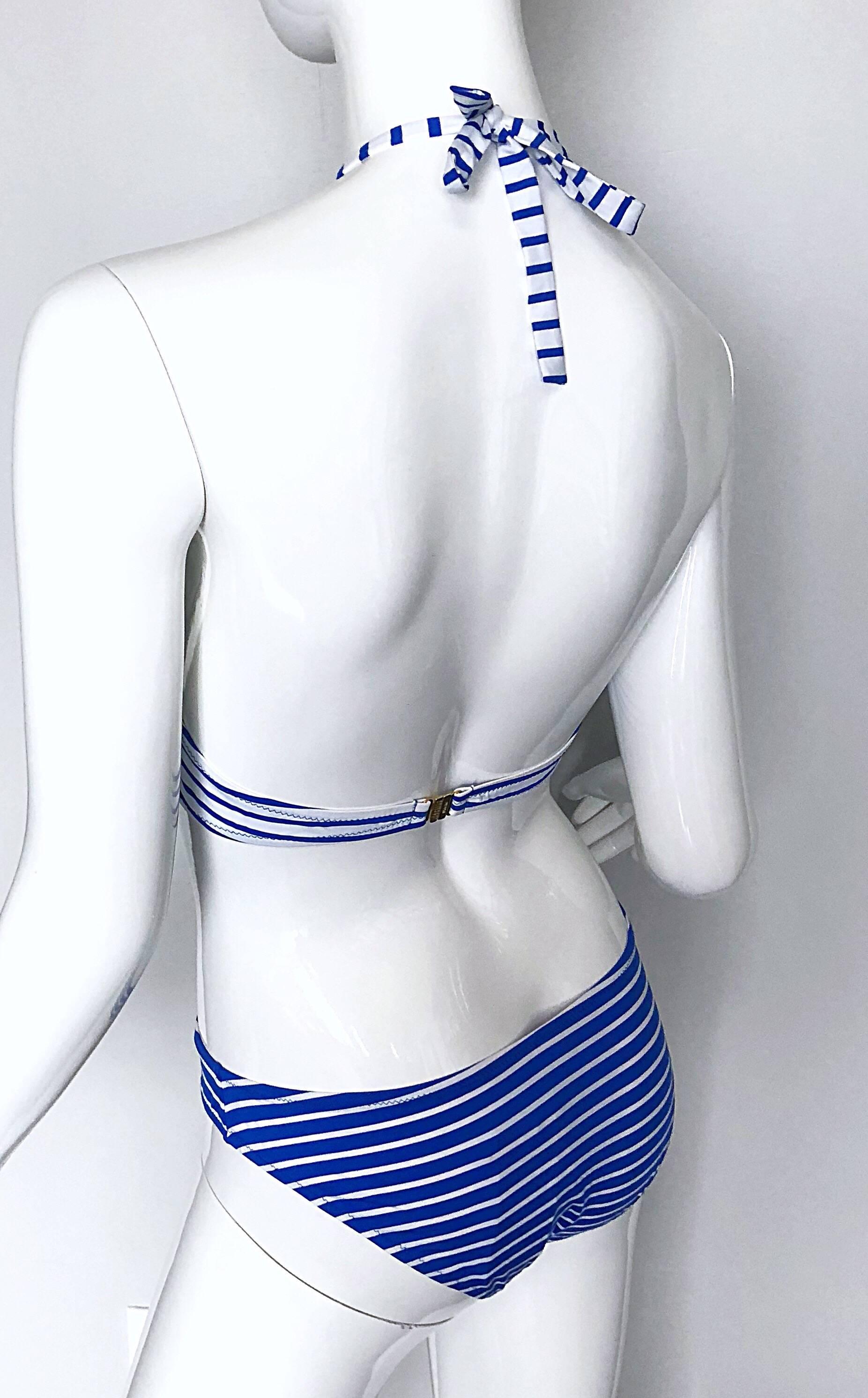 NWT Moschino Size Large / XL Blue Striped Nautical Monkini One Piece Swimsuit For Sale 1