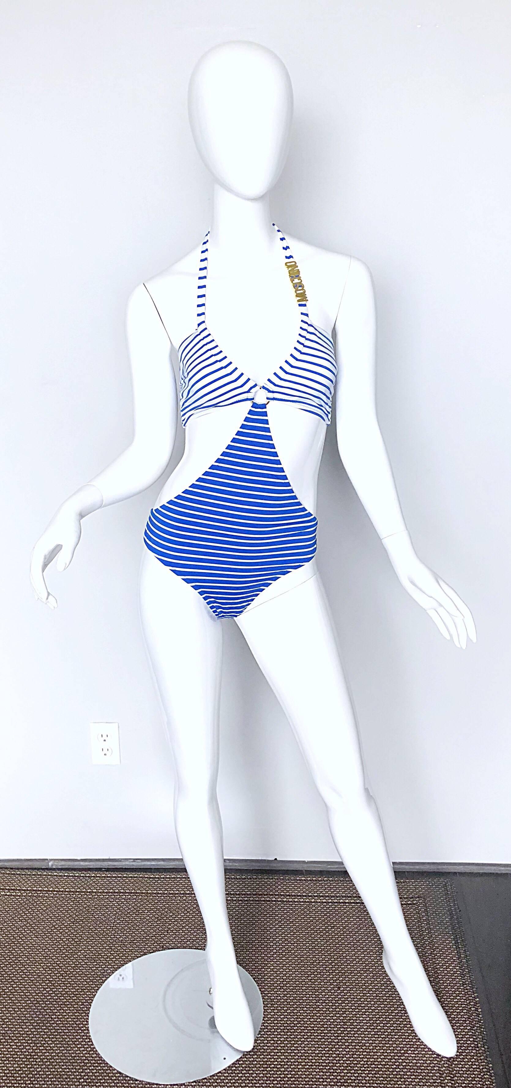 NWT Moschino Size Large / XL Blue Striped Nautical Monkini One Piece Swimsuit For Sale 2