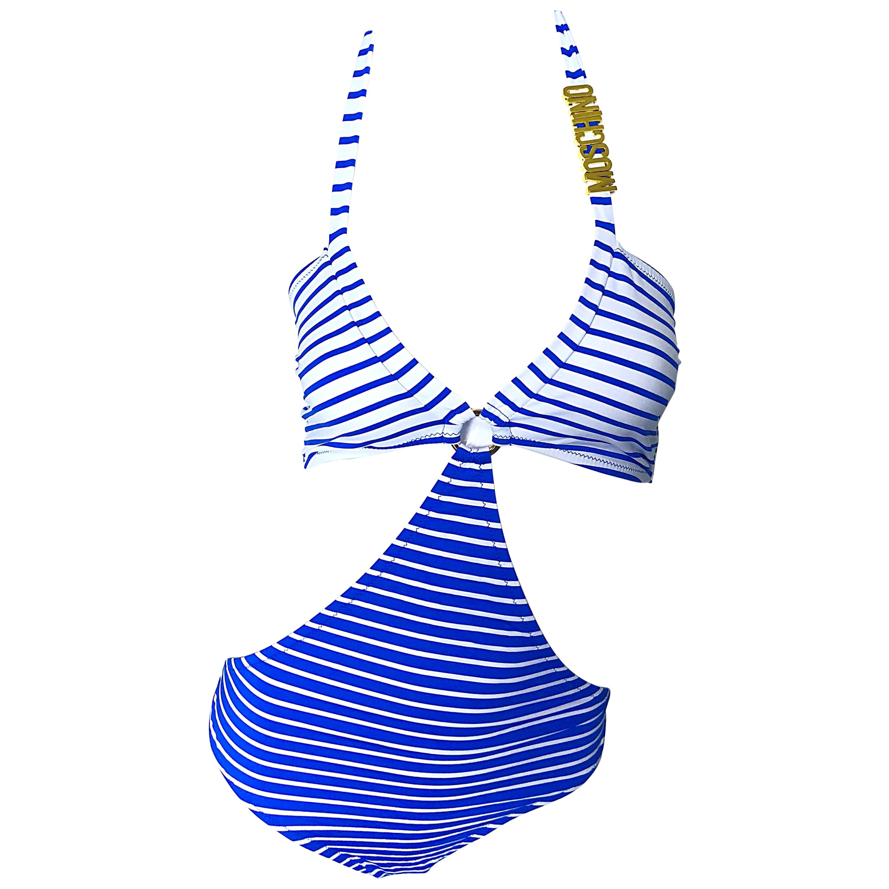 NWT Moschino Size Large / XL Blue Striped Nautical Monkini One Piece Swimsuit For Sale