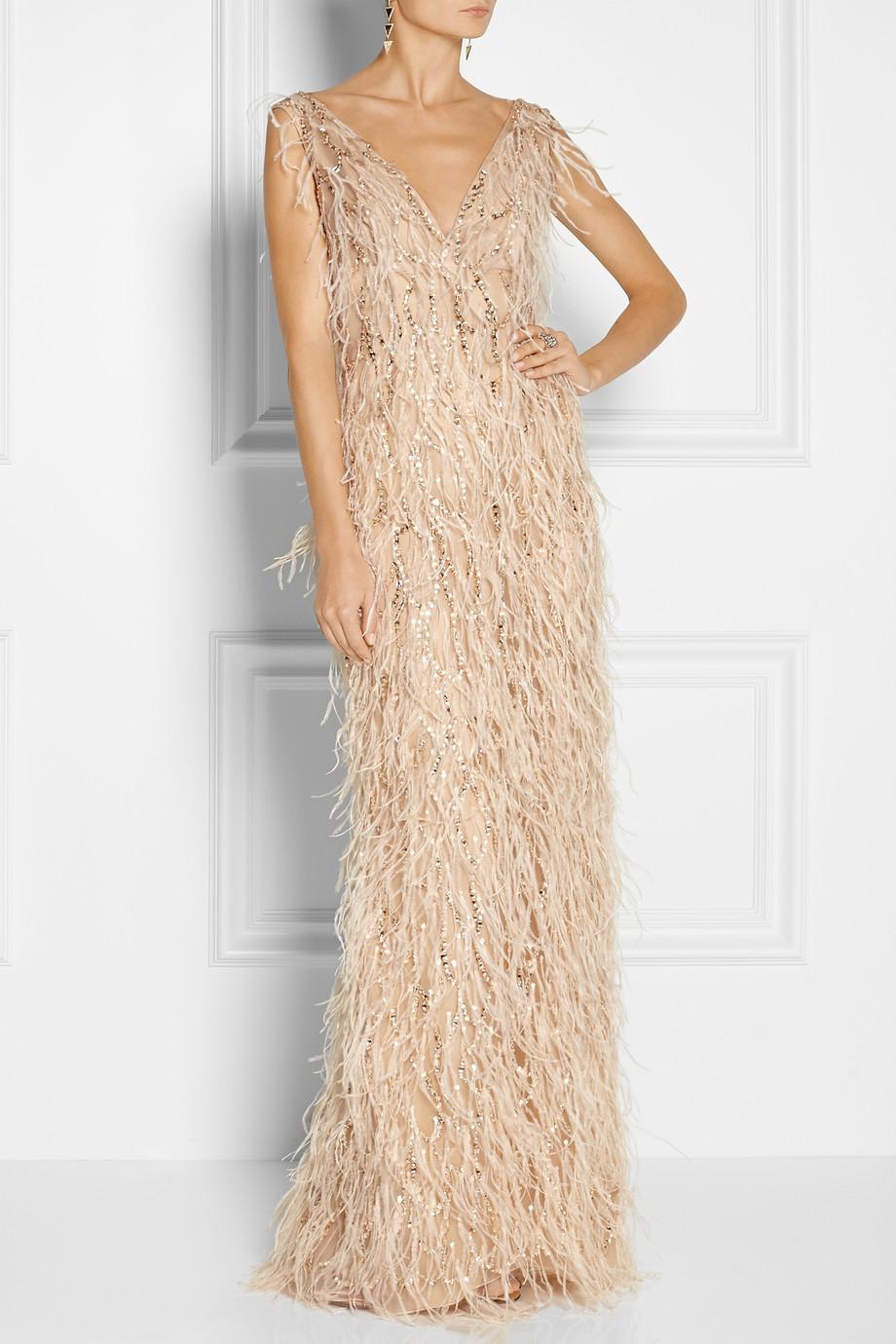 Women's NWT Museum Oscar De La Renta Ostrich Feather Crystal-Embellished Tulle Dress 8