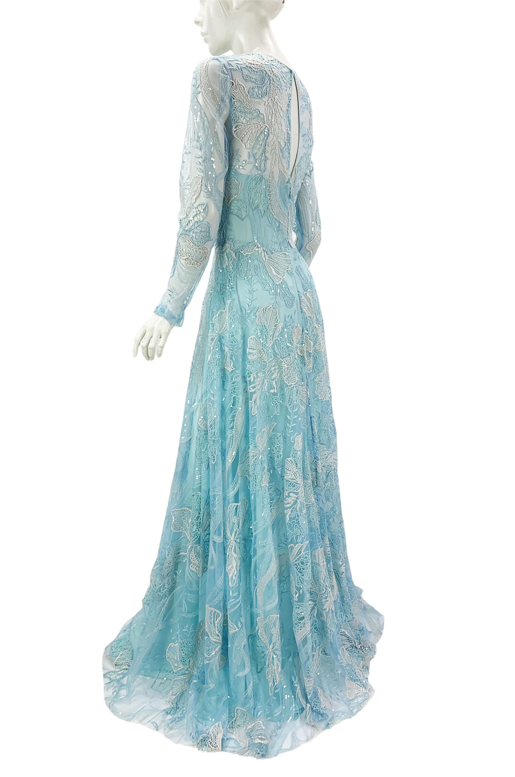 Women's NWT Naeem Khan Blue Lace Embellished Tulle Maxi Dress Gown US 4 For Sale