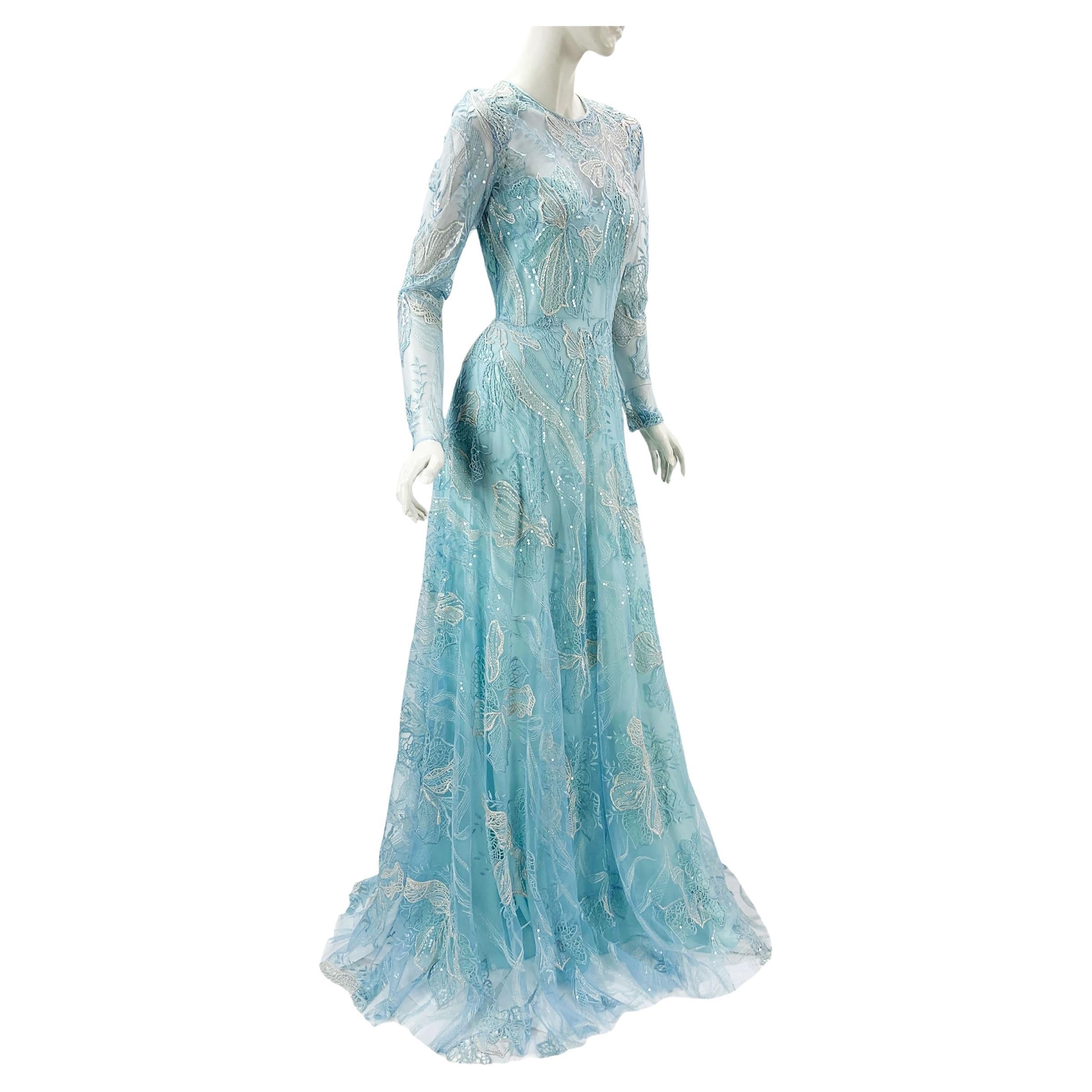 NWT Naeem Khan Blue Lace Embellished Tulle Maxi Dress Gown US 4 For Sale