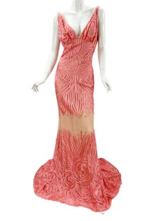 NWT Naeem Khan Silk Tulle Pink Coral Embroidered Dress Gown US size 12