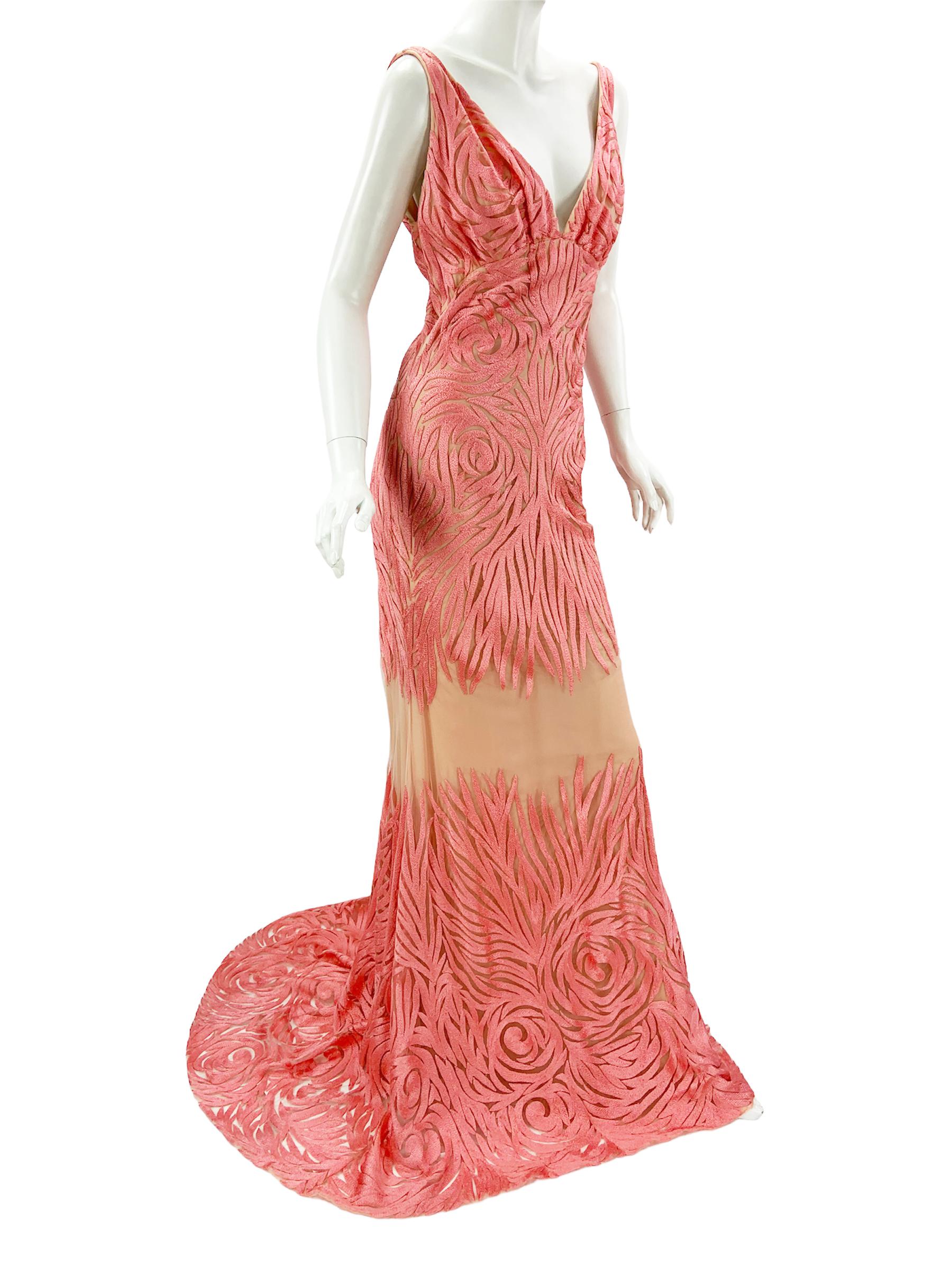 NWT Naeem Khan Silk Tulle Pink Coral Embroidered Dress Gown US size 12  In New Condition For Sale In Montgomery, TX