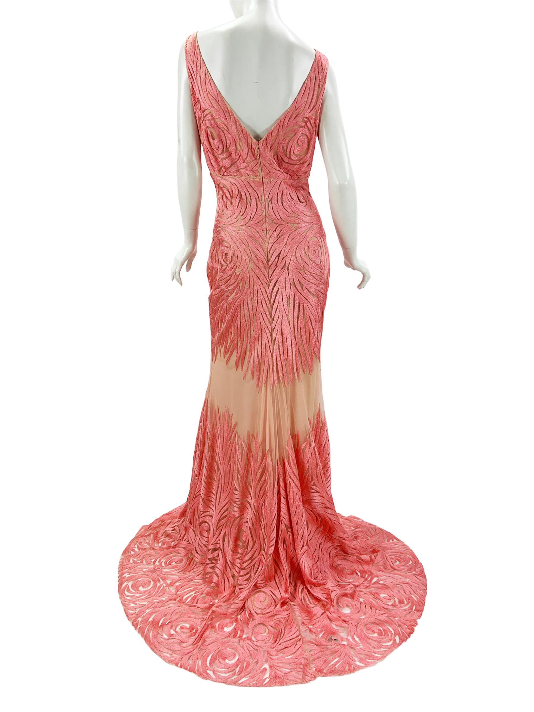Women's NWT Naeem Khan Silk Tulle Pink Coral Embroidered Dress Gown US size 12  For Sale