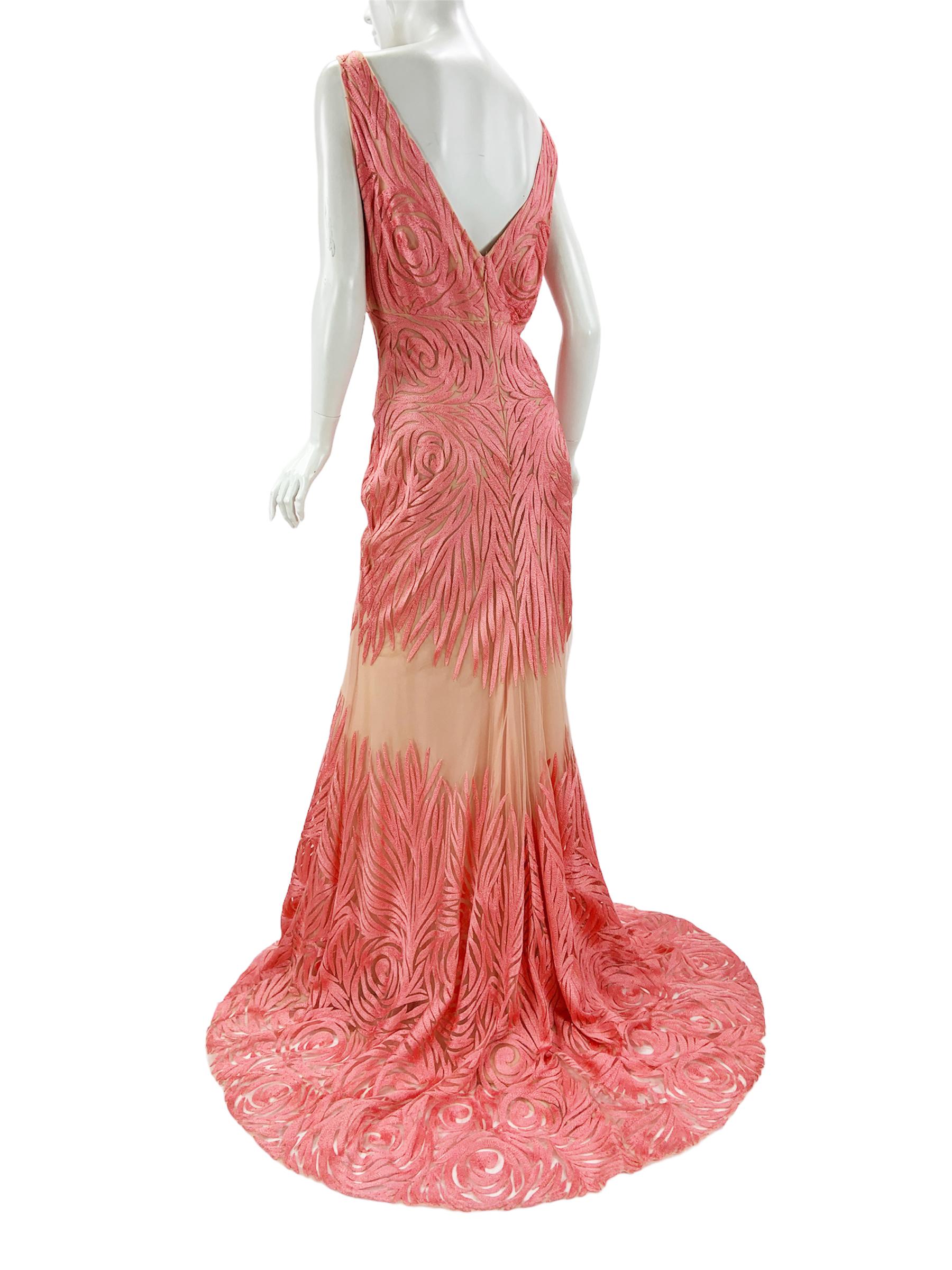 NWT Naeem Khan Silk Tulle Pink Coral Embroidered Dress Gown US size 12  For Sale 1