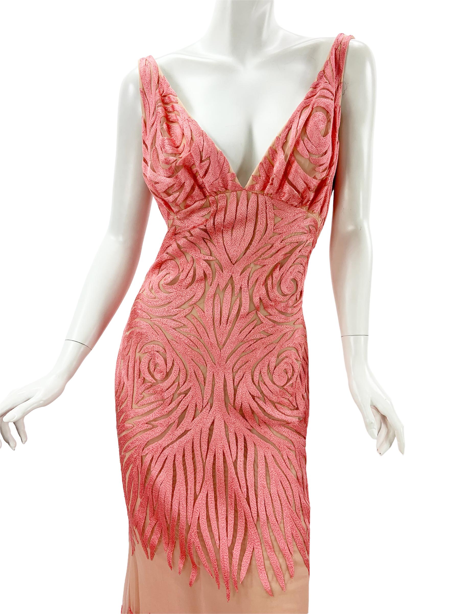 NWT Naeem Khan Silk Tulle Pink Coral Embroidered Dress Gown US size 12  For Sale 2