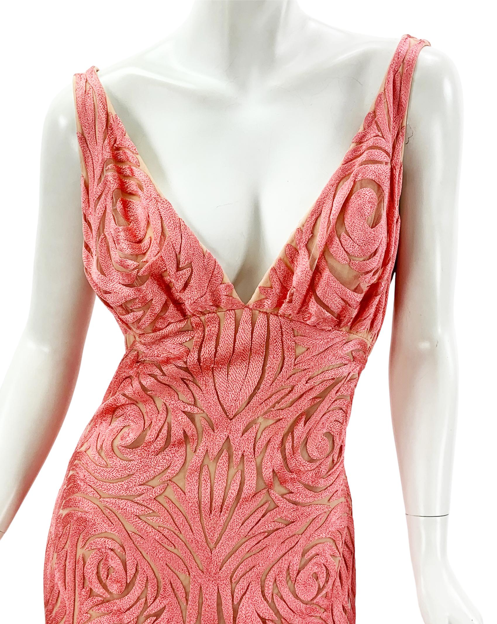 NWT Naeem Khan Silk Tulle Pink Coral Embroidered Dress Gown US size 12  For Sale 3