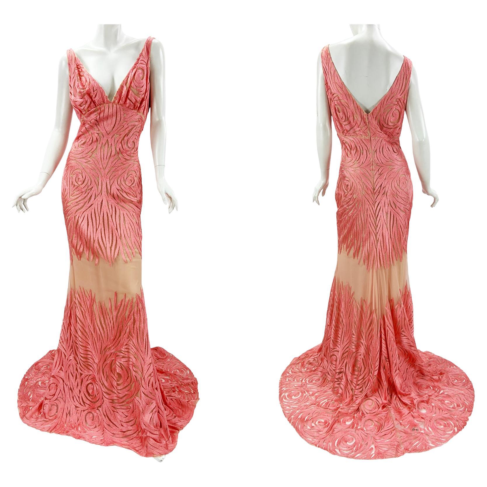 NWT Naeem Khan Silk Tulle Pink Coral Embroidered Dress Gown US size 12  For Sale
