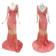 NWT Naeem Khan Silk Tulle Pink Coral Embroidered Dress Gown US size 12 